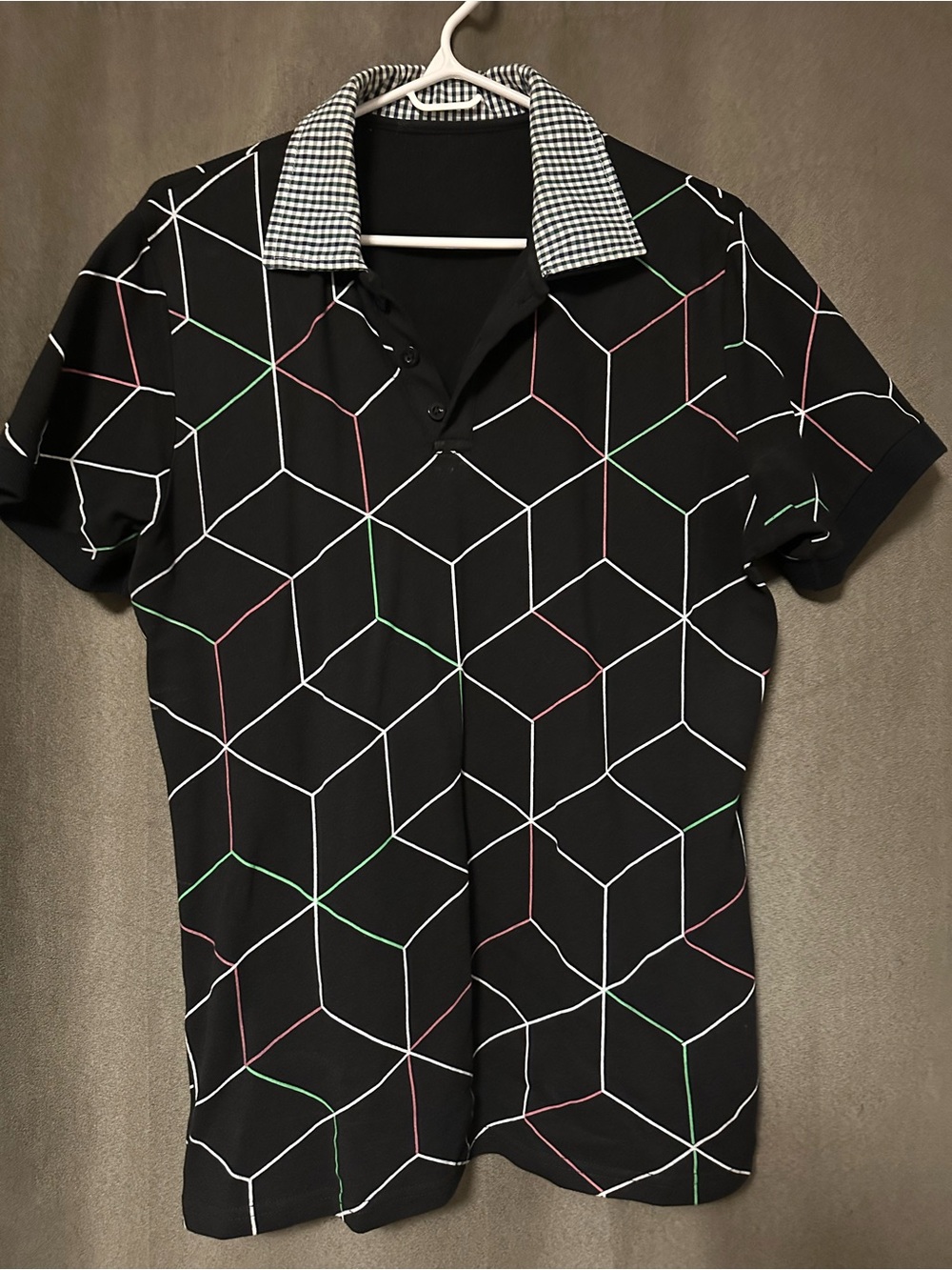 Men's Black Geometric Polo with Contrast Check Collar